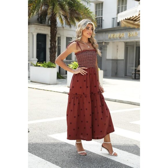 Women Floral Embroidered Maxi Dress Seersucker Smocked Casual Evening - Picture 6 of 6